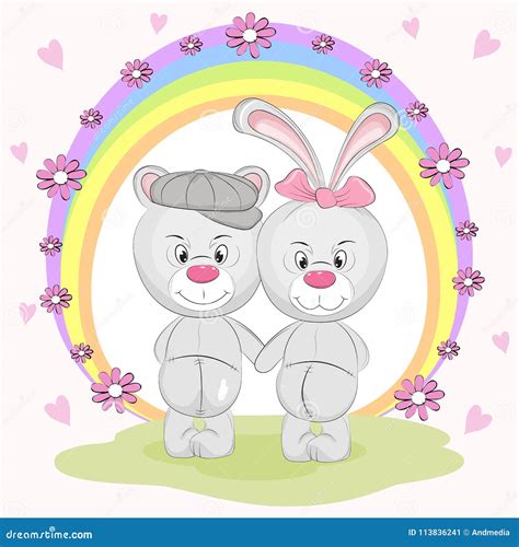 Best Freands Cute Animal Bear And Hare In Cartoon Style Stock Vector
