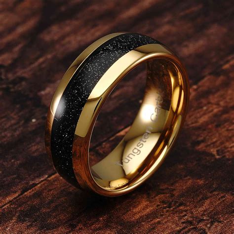 Tungsten Ring For Men Wedding Band Black Sandstone Inlaid Gold Dome