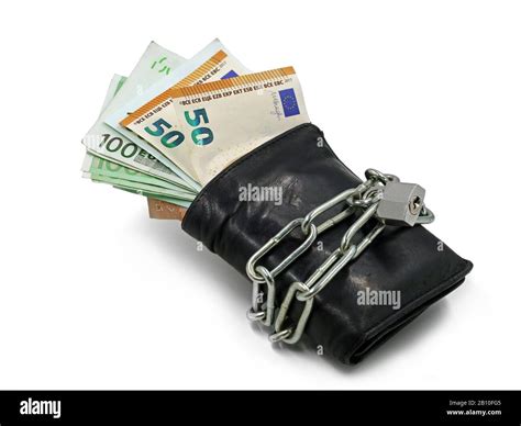 Black Wallet With Euro Banknotes Locked With Chain And Padlock Isolated