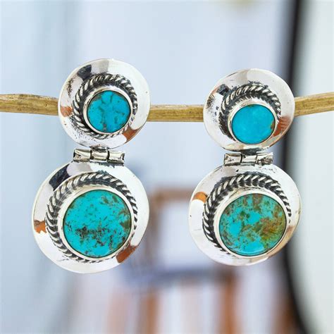 Taxco Sterling Silver Turquoise Drop Earrings From Mexico Taxco Rose