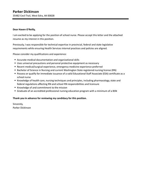 School Nurse Cover Letter Velvet Jobs