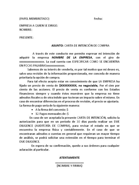 Carta De Intención De Compra Formato Pdf