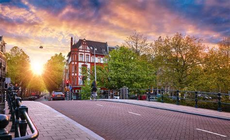 Amsterdam Netherlands Autumn Sunset Scene With Scenic Channels Stock