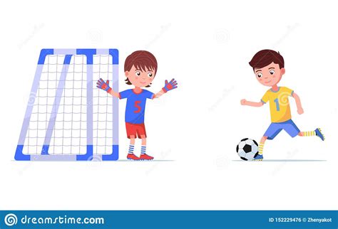 Boy Soccer Player Kicks The Ball In Football Goal Stock Vector