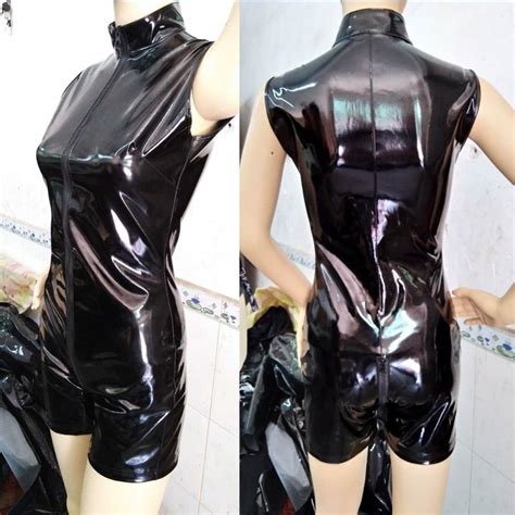 women black shiny leather jumpsuits zipper stand collar sleeveless clubwear bodysuit w931098