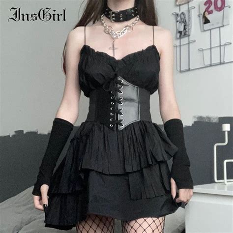 Insgirl Harajuku Dark Black Mall Goth Corset Women Gothic Vinatge