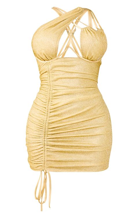 Shape Gold Glitter Cup Ruched Side Bodycon Dress Prettylittlething Usa
