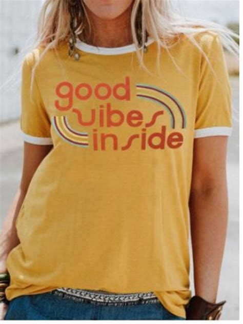 2018 Summer Women T Shirt Good Vibes Inside Fashion Letter Print Short Sleeve Female Yellow