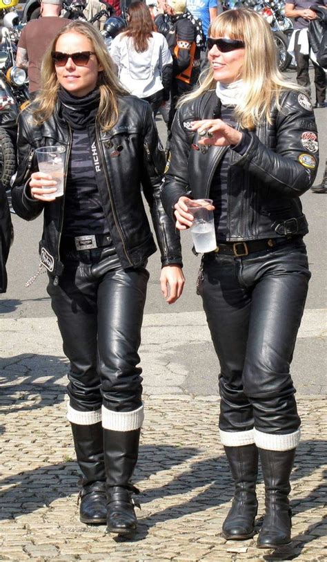 Two Blondes In Black Riding Leathers Pants Boots White Socks Biker