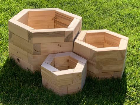 Set Of 3 Hexagonal Wooden Planters Etsy Uk