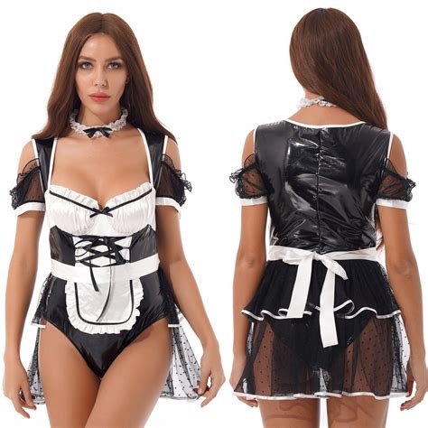 Womens Sexy Cosplay Maid Outfit Wet Look Patent Leather Dress