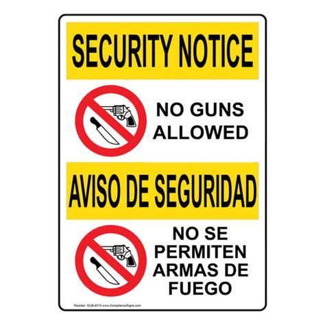Vertical No Guns Allowed Bilingual Sign Osha Security Notice