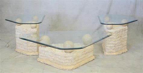 3 Piece Faux Stone Table Set Glass Top Coffee Table 15 12