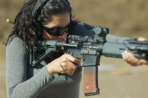 Images Brunette Girl Assault Rifle Rifle Assault Fire Weapon Girls
