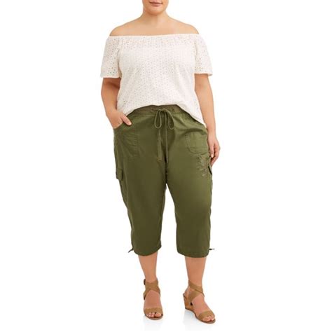 Terra And Sky Womens Plus Size Embroidered Cargo 6 Pocket Capri