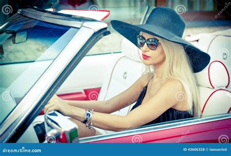 Outdoor Summer Portrait Of Stylish Blonde Vintage Woman Driving A