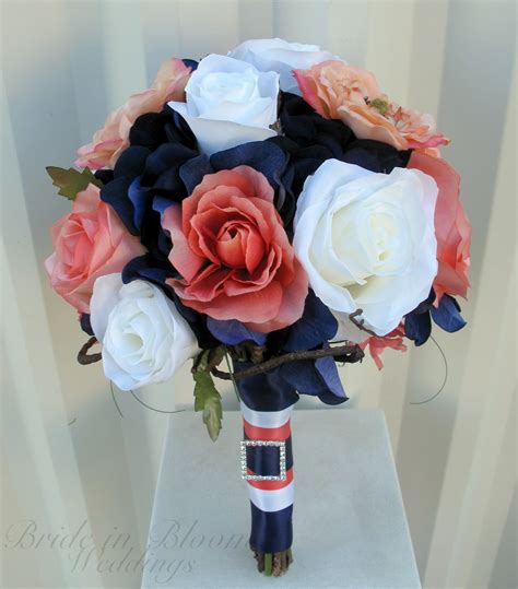 Coral Navy And White Wedding Wedding Bouquet Coral Navy White Rose Silk Bridal Flowers Blue