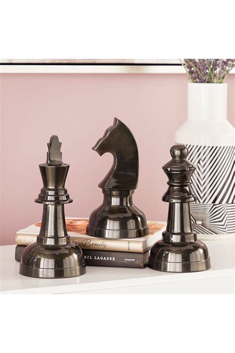 Large Metallic Black Decorative Chess Piece Sculpture Set Of 3