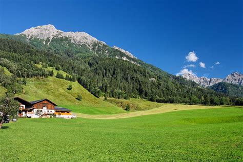 Alpine Landscape In Austria Mountains Forests Meadows And A Farm