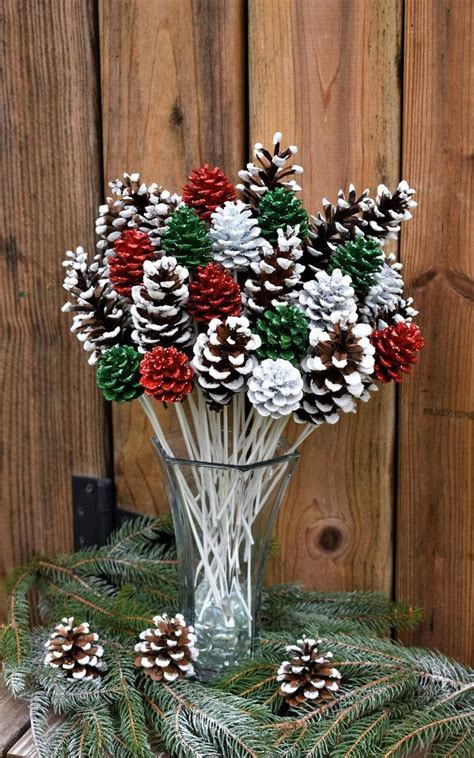 Holiday Pine Cone Flowers One Dozen White Tipped Glitter Pine Etsy