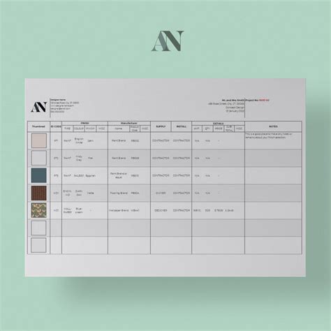 Ffande And Finishes Schedules Spreadsheets Template Audrey Noakes Shop
