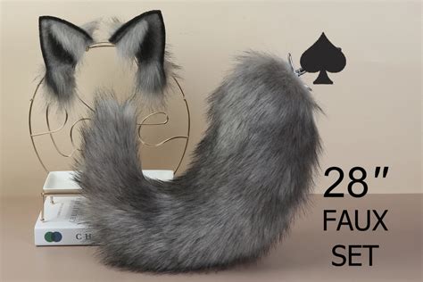 Throne Starfmodel Gray Fox Tail Plug And Ear Set Wolf Tail Buttplug