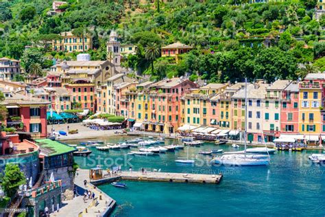 Portofino Italy Harbor Town With Colorful Houses And Yacht In Little