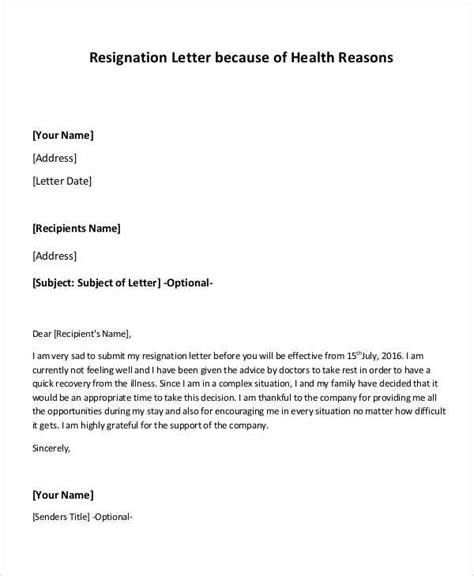 Resignation Letter Due To Health Template