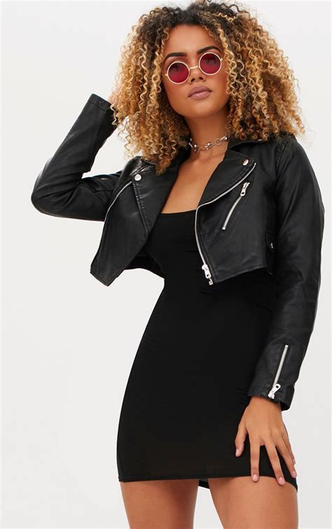 Black Cropped Pu Biker Jacket With Zips Cropped Biker Jacket Cropped Jacket Outfit Cropped