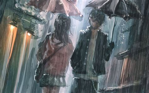 2000x1125 Artwork Fantasy Art Anime Rain City Park Umbrella