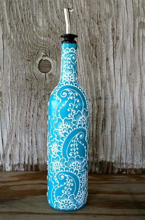 Hand Painted Wine Bottle Olive Oil Pourer Turquoise от Lucentjane Wine