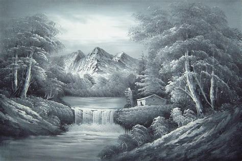 Black And White Cascade Small House Scene Oil Painting Landscape River