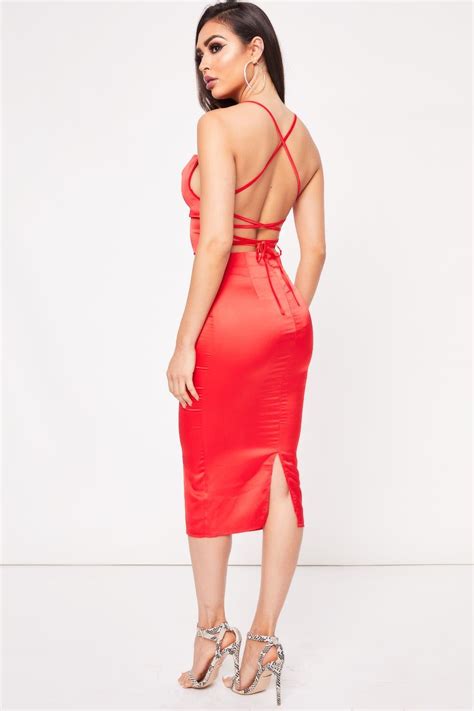 Avril Red Tie Back Satin Midi Dress Girly Dresses Satin Dresses Mid Length Dresses