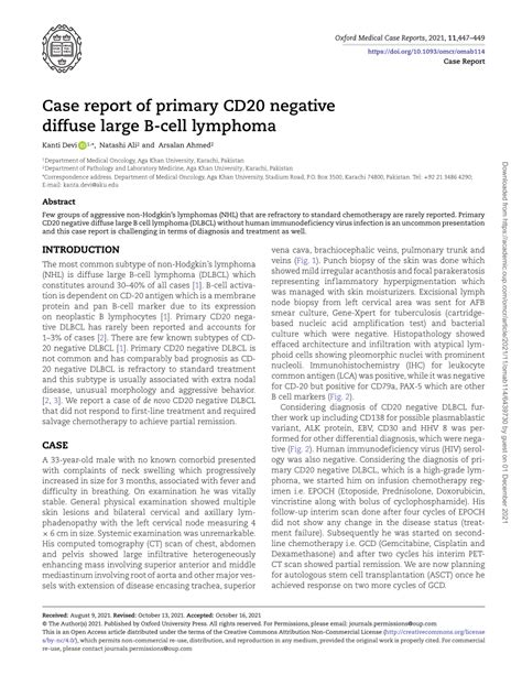 Pdf Case Report Of Primary Cd20 Negative Diffuse Large B Cell Lymphoma
