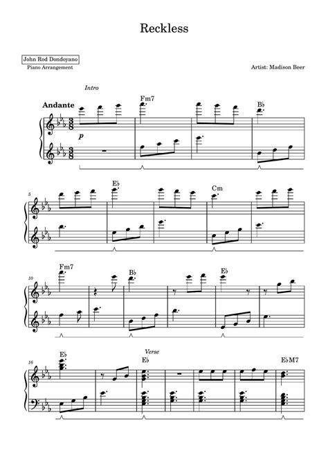 Madison Beer Reckless Piano Sheet 樂譜 By John Rod Dondoyano