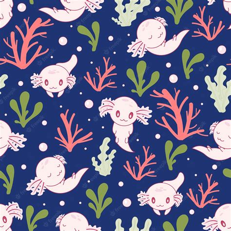 Premium Vector Axolotl Seamless Pattern With Corals And Seaweed