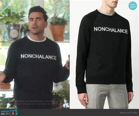 The show stars comedy icons eugene levy and catherine o'hara as the parents of a wealthy family whose fortune is confiscated by the government. David's black Nonchalance sweatshirt on Schitt's Creek | Schitts creek, Sweatshirts, Rose shirts