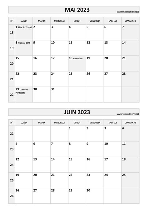 Calendrier Mai Et Juin 2023 à Imprimer Calendrierbest