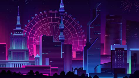 Download 2560x1700 Minimal Neon City Fireworks Wallpapers