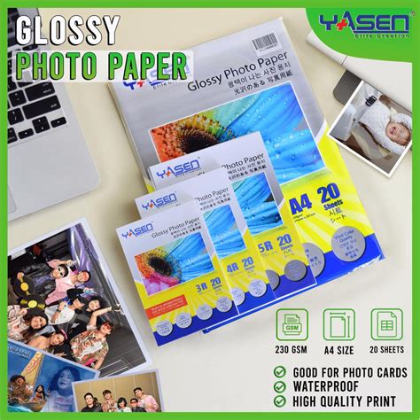 Yasen Glossy Photo Paper A4 5r 4r 3r 230gsm 20 Sheets Inkjet