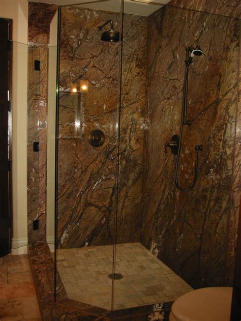 Rain Forest Brown Marble Shower Bathroom Remodel