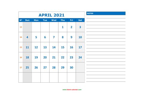 Free Download Printable April 2021 Calendar Large Space For