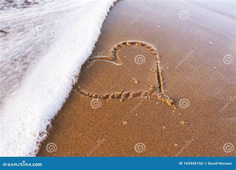 Heart Drawn On The Sand Of The Beach Soft Sea Wave Love Concept