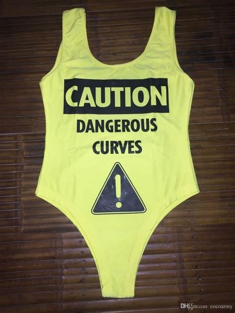 2017 Caution Dangerous Curves Lemon Yellow One Piece Swimwear Swimming