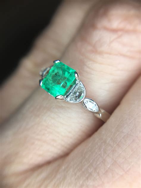 Platinum Colombian Emerald Ring With 12 Moon Diamonds Colombian
