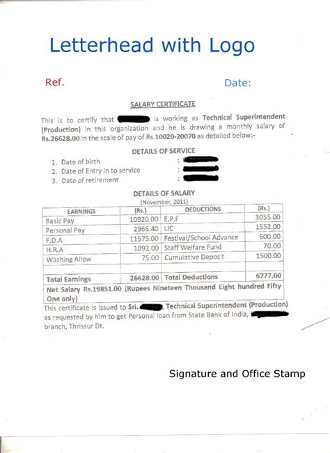 Format for giving consent and bank details on letterhead. Format of Salary Certificate and Sample Salary Certificate ...