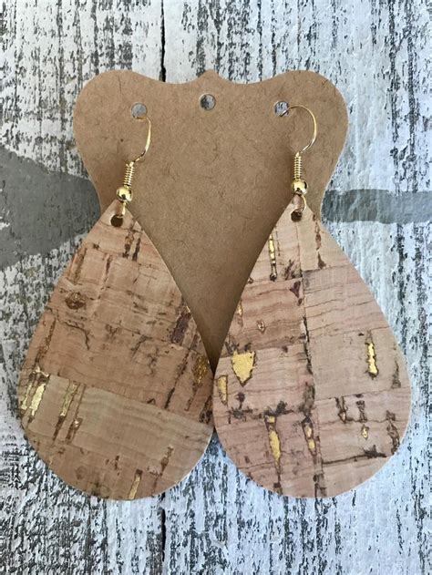 Leather Teardrop Earrings Cork With Gold Foil Highlights Cork