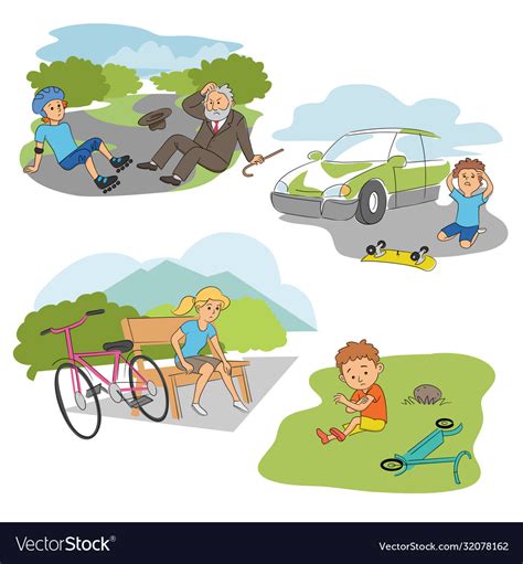 Accident With Kids On Road People Scenes Flat Set Vector Image