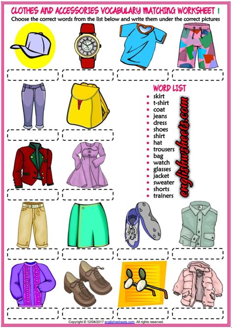 Clothes And Accessories Esl Matching Exercise Worksheets Clothes