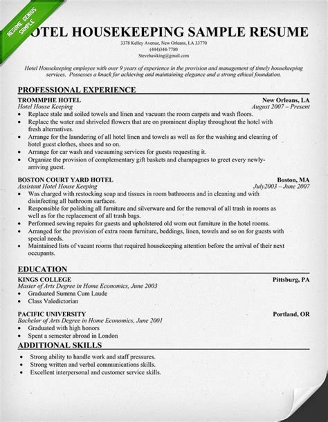 It is a written summary of your academic qualifications, skill sets and previous work experience which you submit while applying for a job. Hotel Housekeeping Resume Sample - Download This Resume Sample To Use As A Template For Writing ...